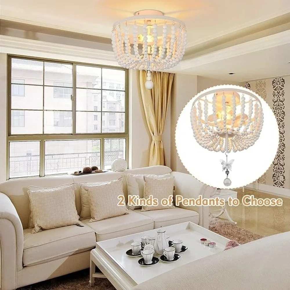 Boho Wood Bead Chandelier White Style Hanging Light Fixture Bohemia 12x13